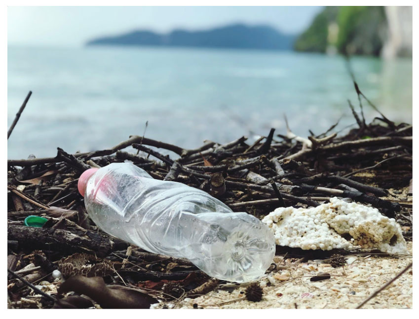 A Plastic Bottle Polluting The Shore Near A Body Of Water