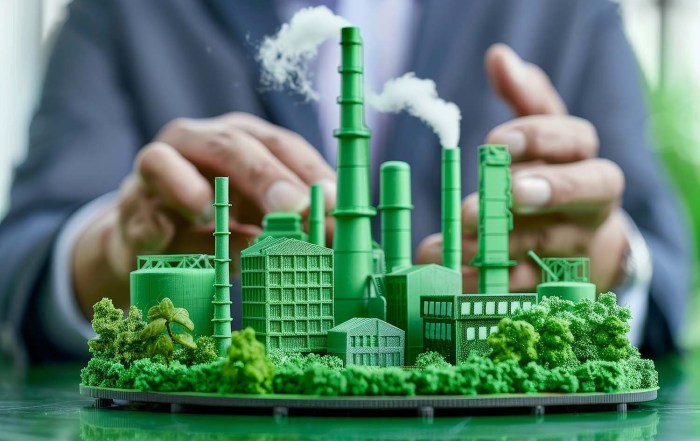 green manufacturing plant in front of a man in a business suit