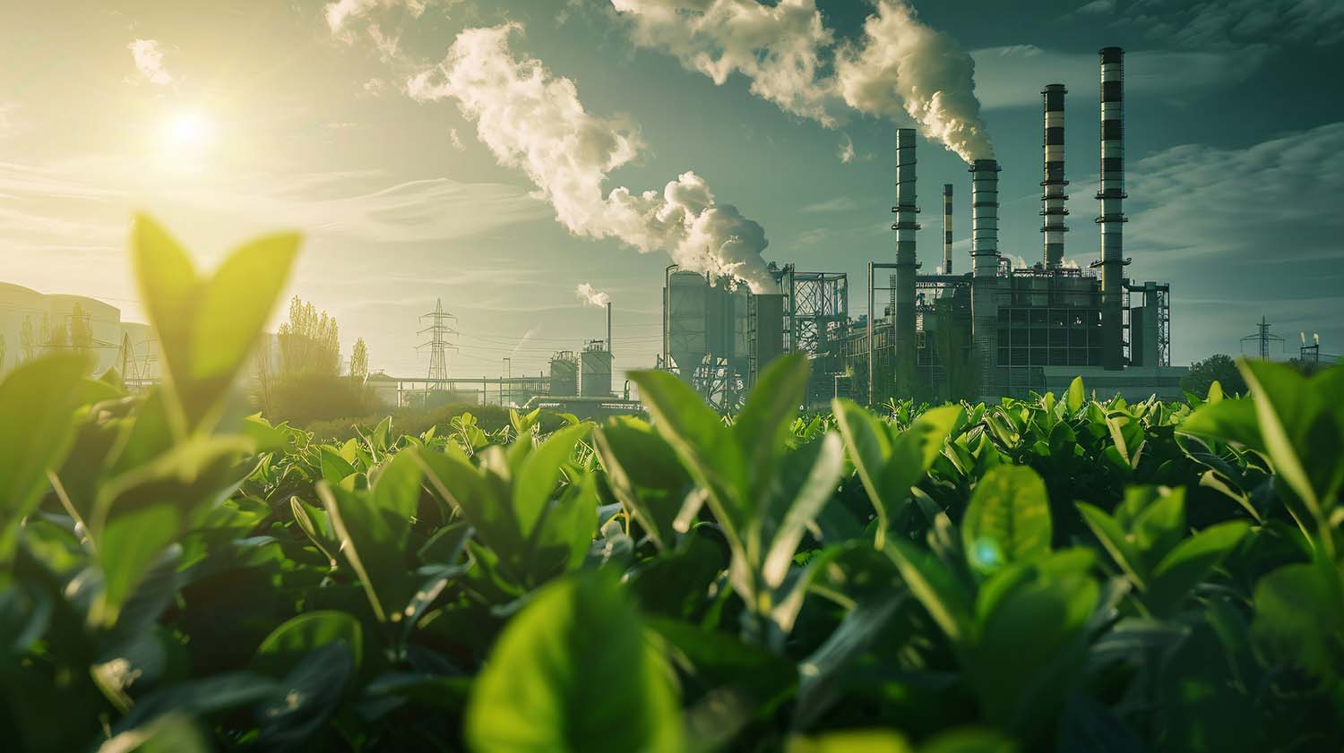 image of manufacturing smokestacks in the background with green leafy plants in the foreground