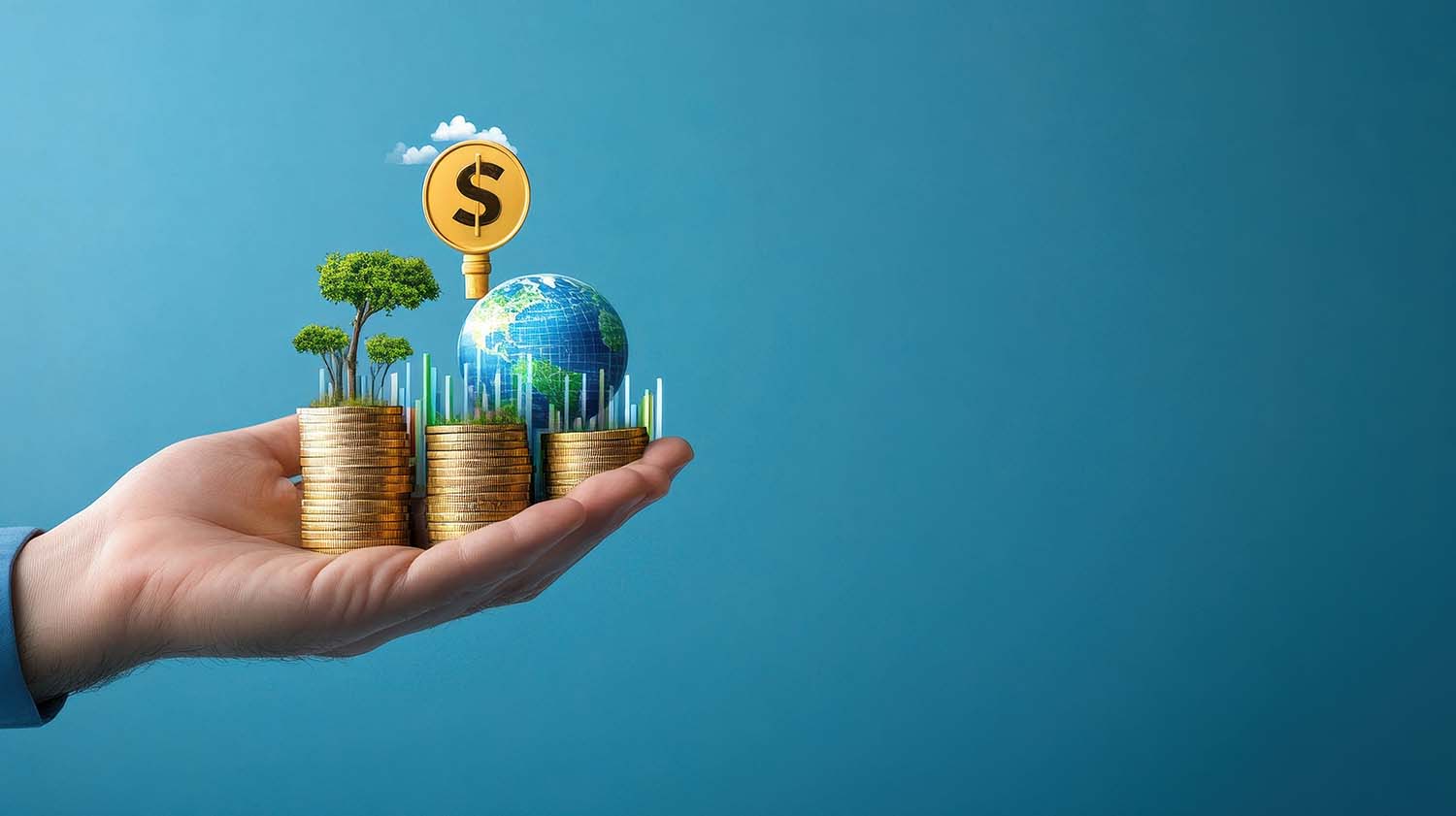 hand holding coins and a miniature earth to symbolize carbon accounting